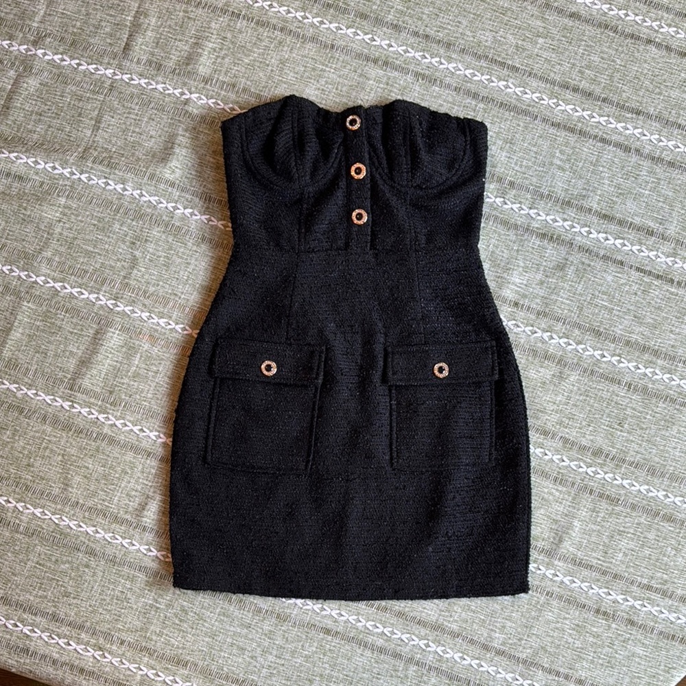 Black Strapless Boucle Dress with Button Accents small